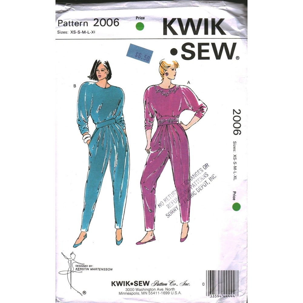 Kwik Sew 2006 Vintage Sewing Pattern Misses Pants Tops Dolman Sleeve XS-XL 1980s